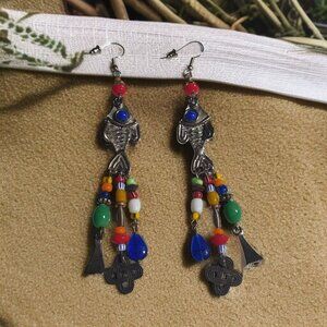 Vintage Bohemian Tribal Style Dangle Earrings Fish Charms Colorful Beads